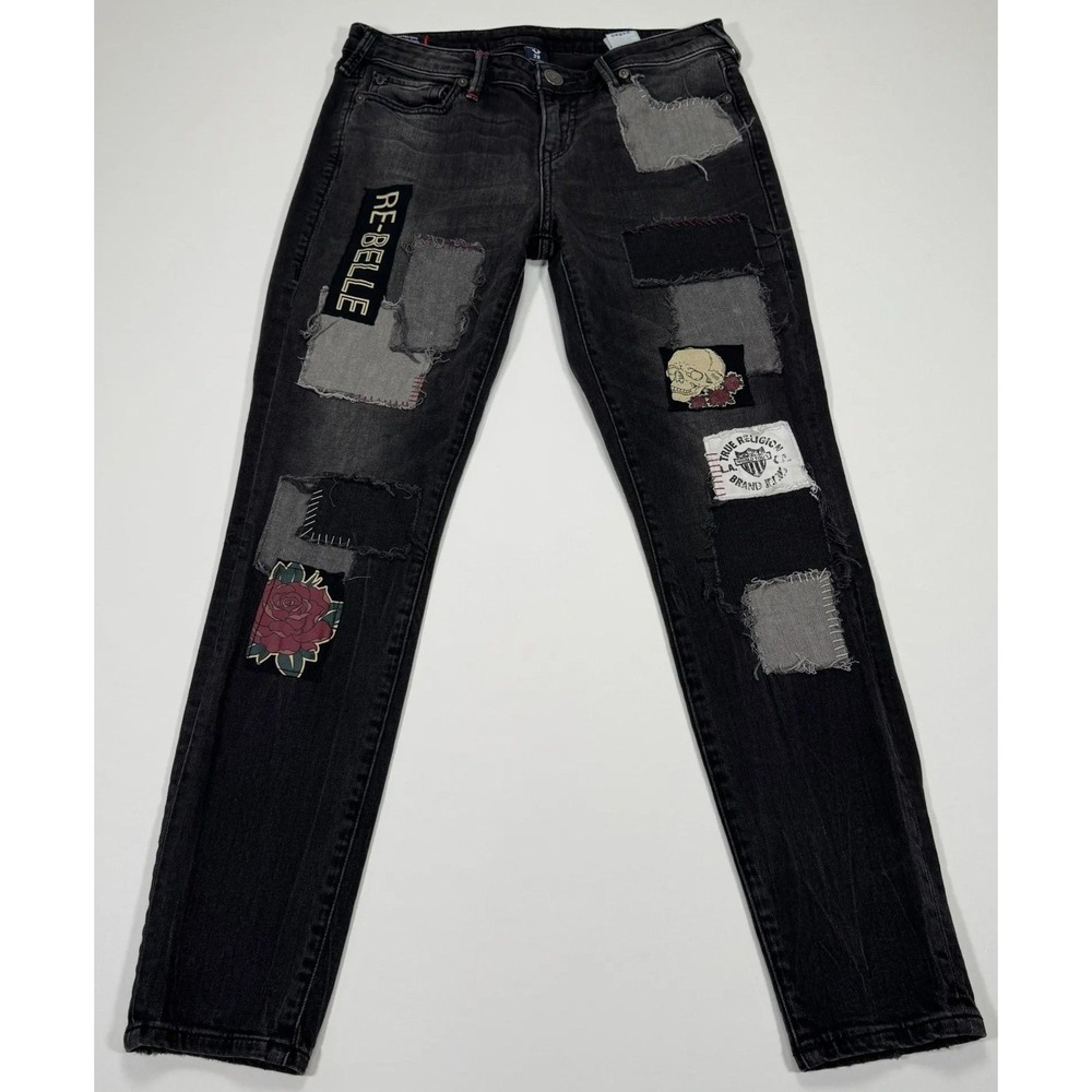 True Religion Halle Super Skinny Jeans Womens 28 Black Rose Skull Patchwork Y2K